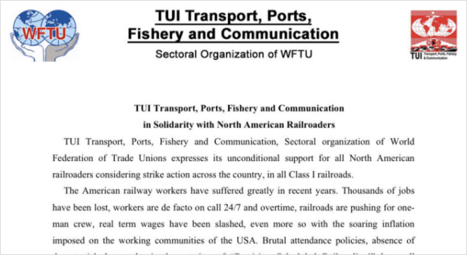TUI WFTU выражает солидарность с Северо-Американскими железнодорожниками